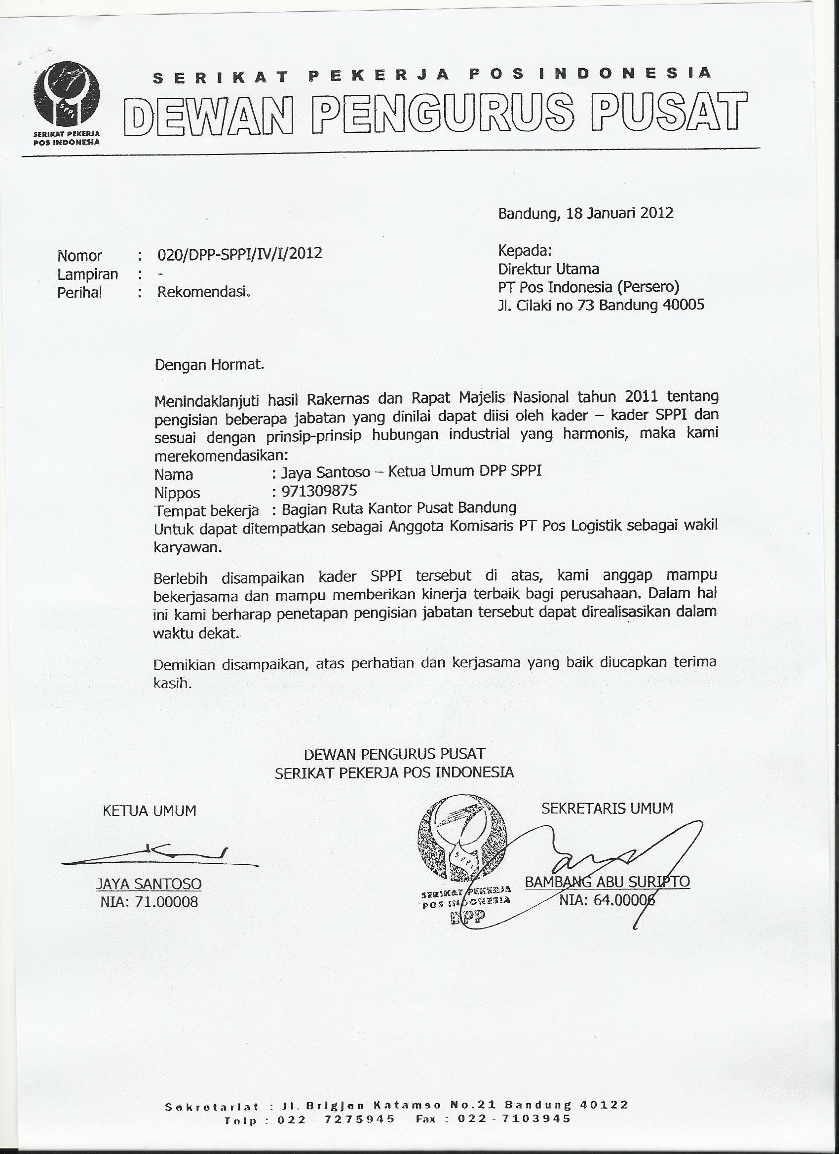 SURAT DARI PAK POS  untuk PT Pos Indonesia (persero 